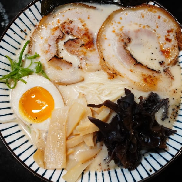 MISO Ramen with pork belly, soft-boiled egg, bamboo shoots, wood ear mushrooms, and scallions.