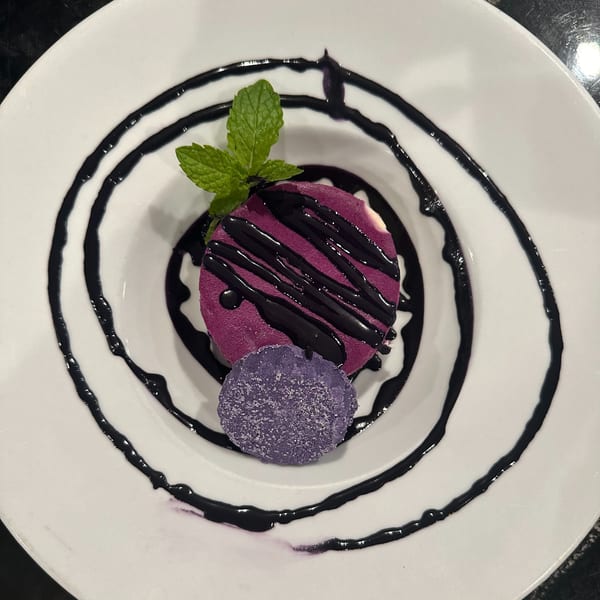 A purple dessert with chocolate drizzle and a mint sprig, served on a white plate with black sauce swirls.